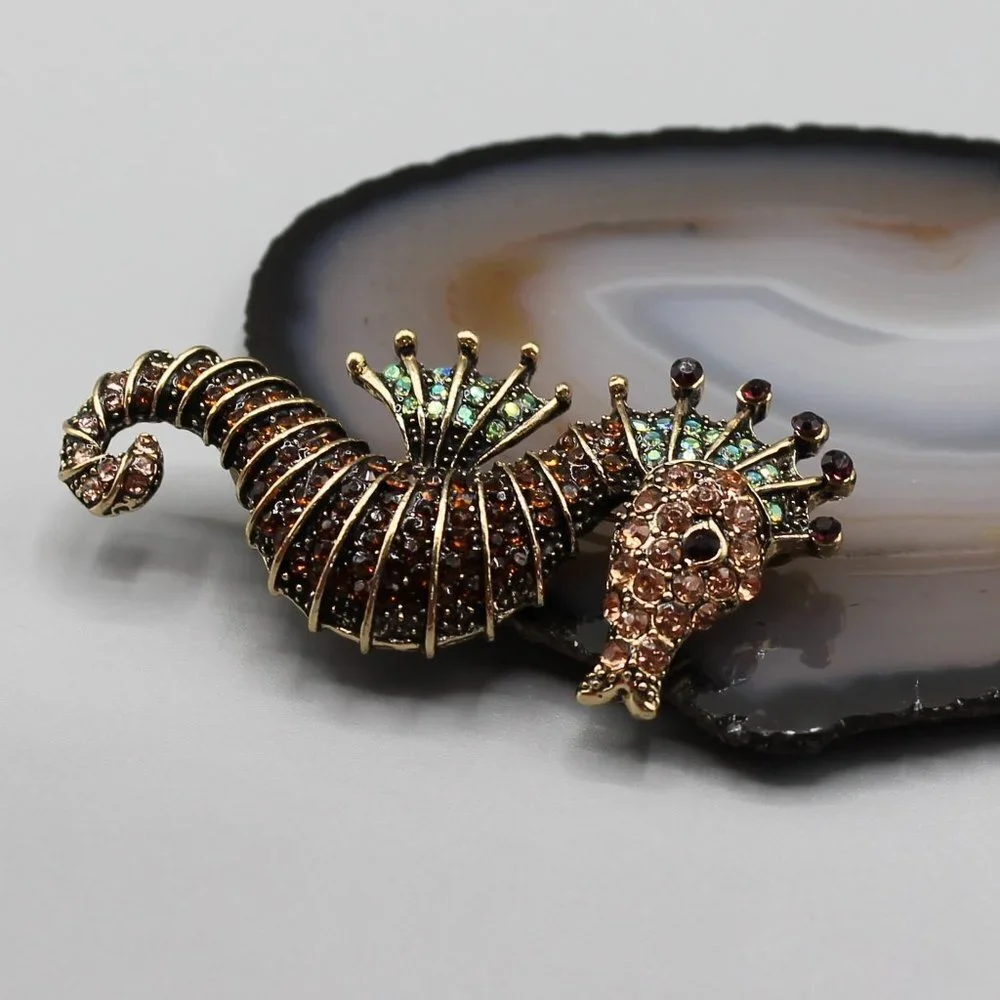 Jewelry pin brooch seahorse water animal crystals gold tone brown green new